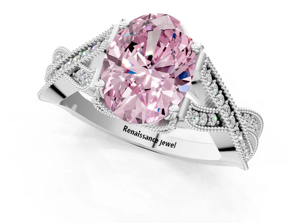 White Gold Oval Graduated Pave Twist Engagement Ring Setting for Fancy Pink Center