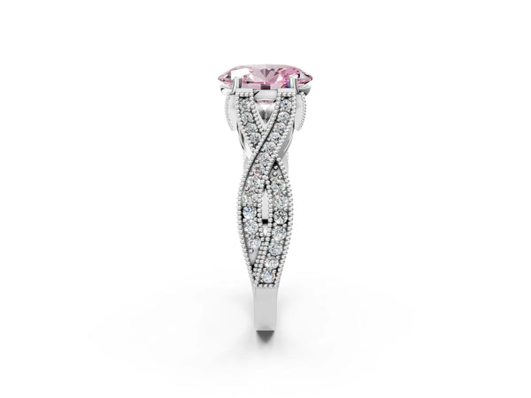 White Gold Oval Graduated Pave Twist Engagement Ring Setting for Fancy Pink Center