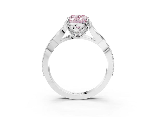White Gold Oval Graduated Pave Twist Engagement Ring Setting for Fancy Pink Center