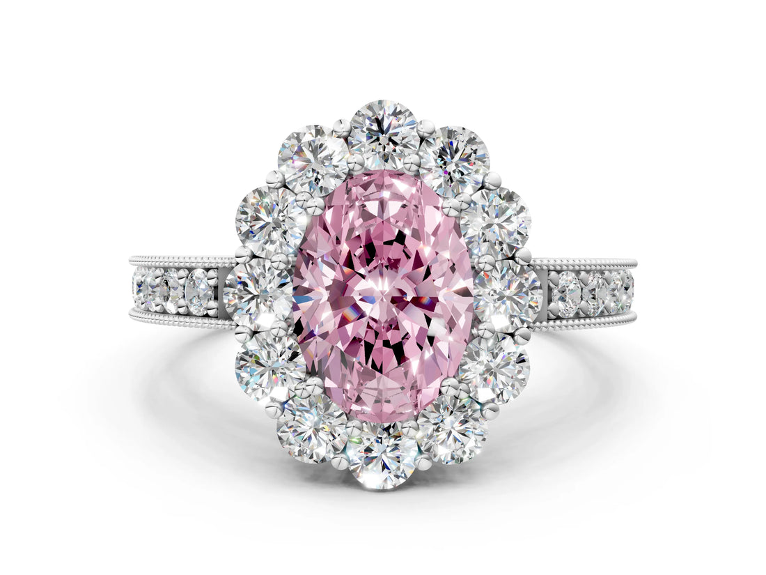 White gold Fancy Pink Oval Cut Cut Halo Diamond Pavé Engagement Ring with Milgrain Detailing_12