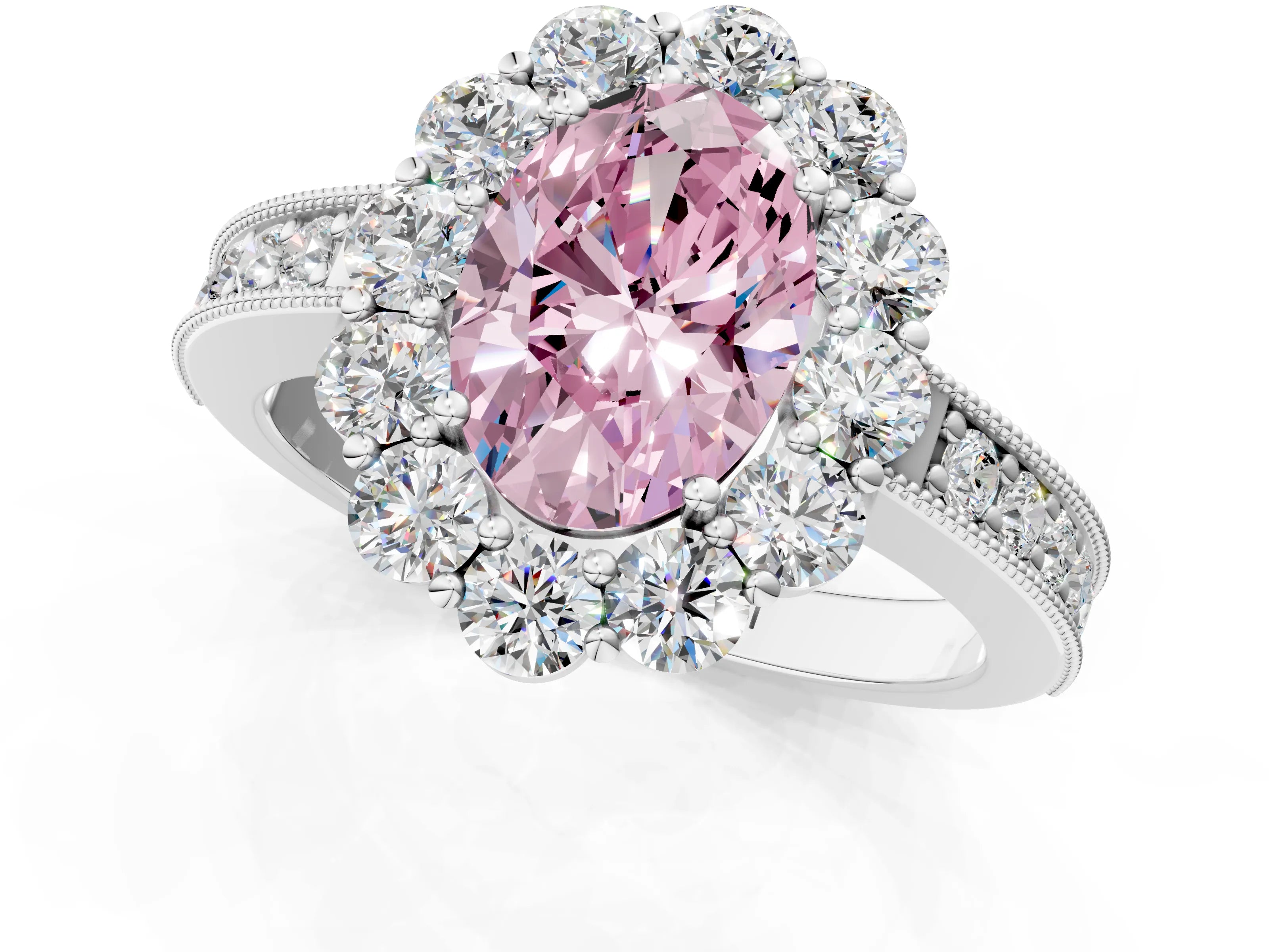 White gold Fancy Pink Oval Cut Cut Halo Diamond Pavé Engagement Ring with Milgrain Detailing_13