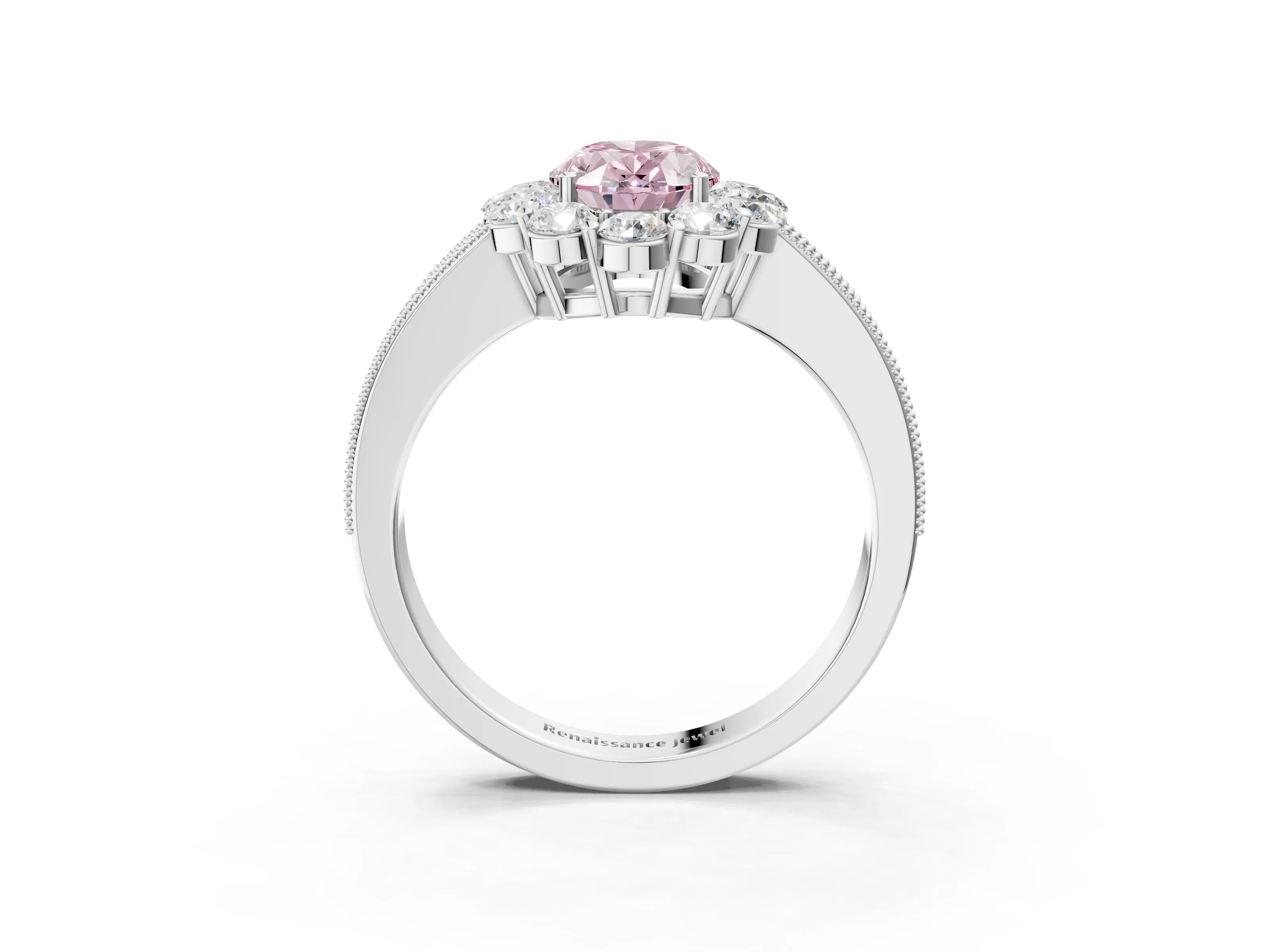 White gold Fancy Pink Oval Cut Cut Halo Diamond Pavé Engagement Ring with Milgrain Detailing_15