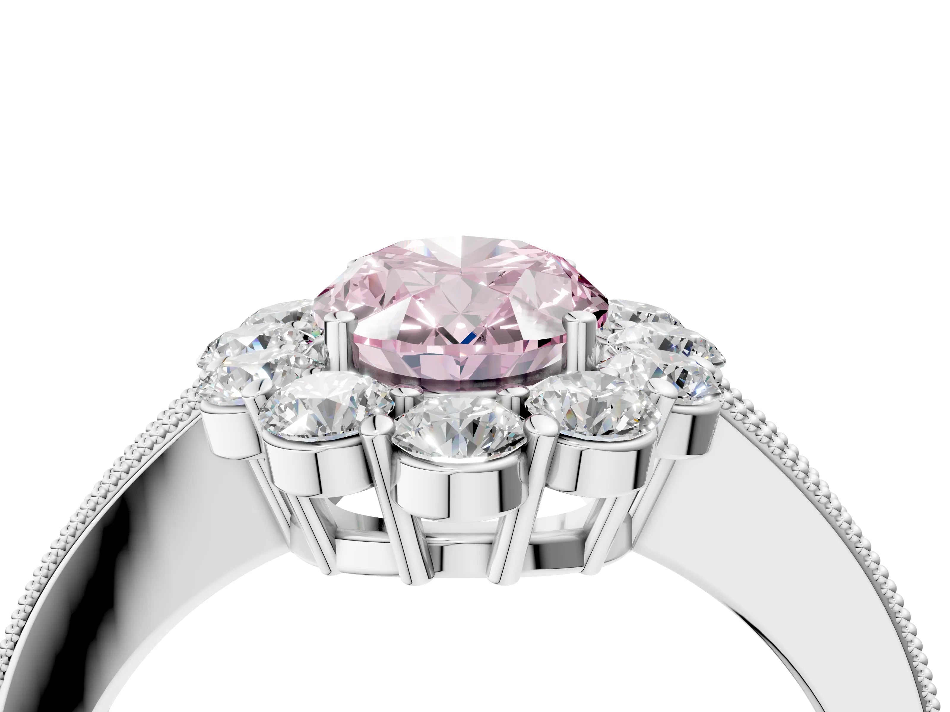 White gold Fancy Pink Oval Cut Cut Halo Diamond Pavé Engagement Ring with Milgrain Detailing_16