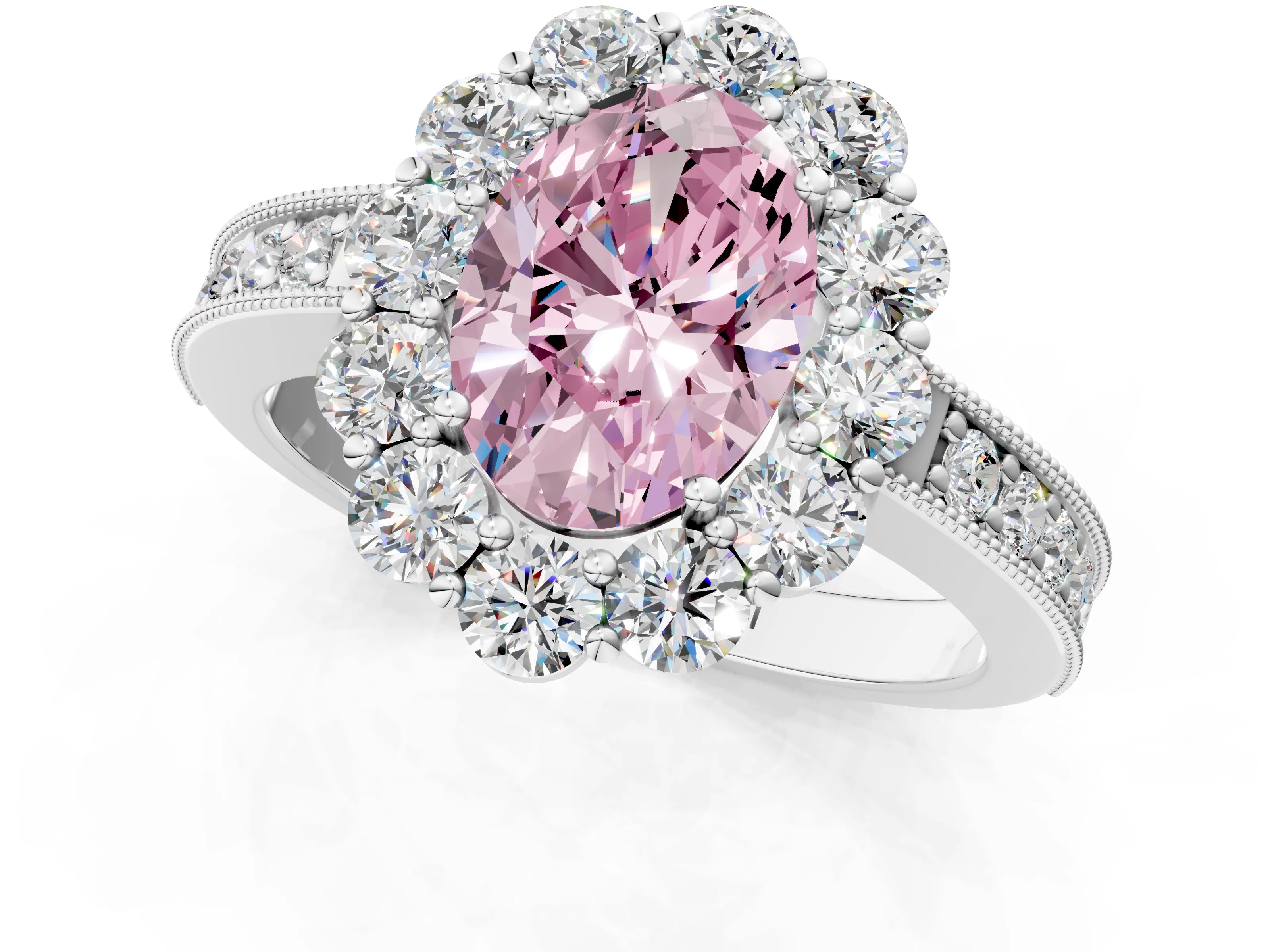 White gold Fancy Pink Oval Cut Cut Halo Diamond Pavé Engagement Ring with Milgrain Detailing_1