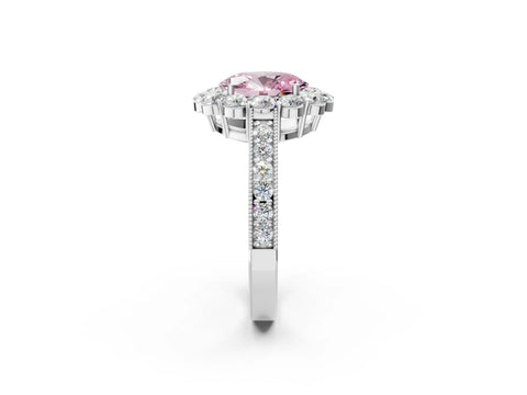 White gold Fancy Pink Oval Cut Cut Halo Diamond Pavé Engagement Ring with Milgrain Detailing_2