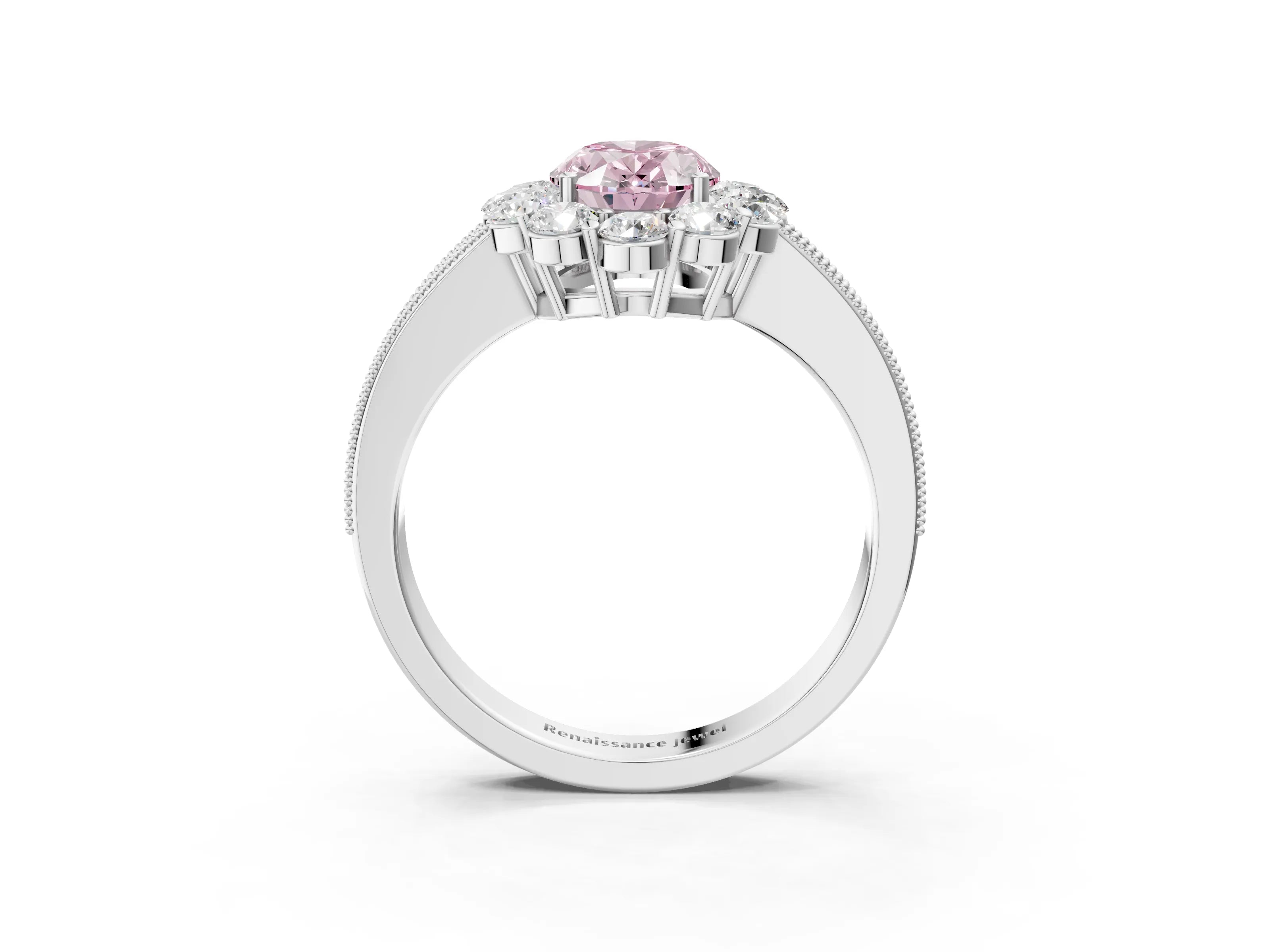 White gold Fancy Pink Oval Cut Cut Halo Diamond Pavé Engagement Ring with Milgrain Detailing_3