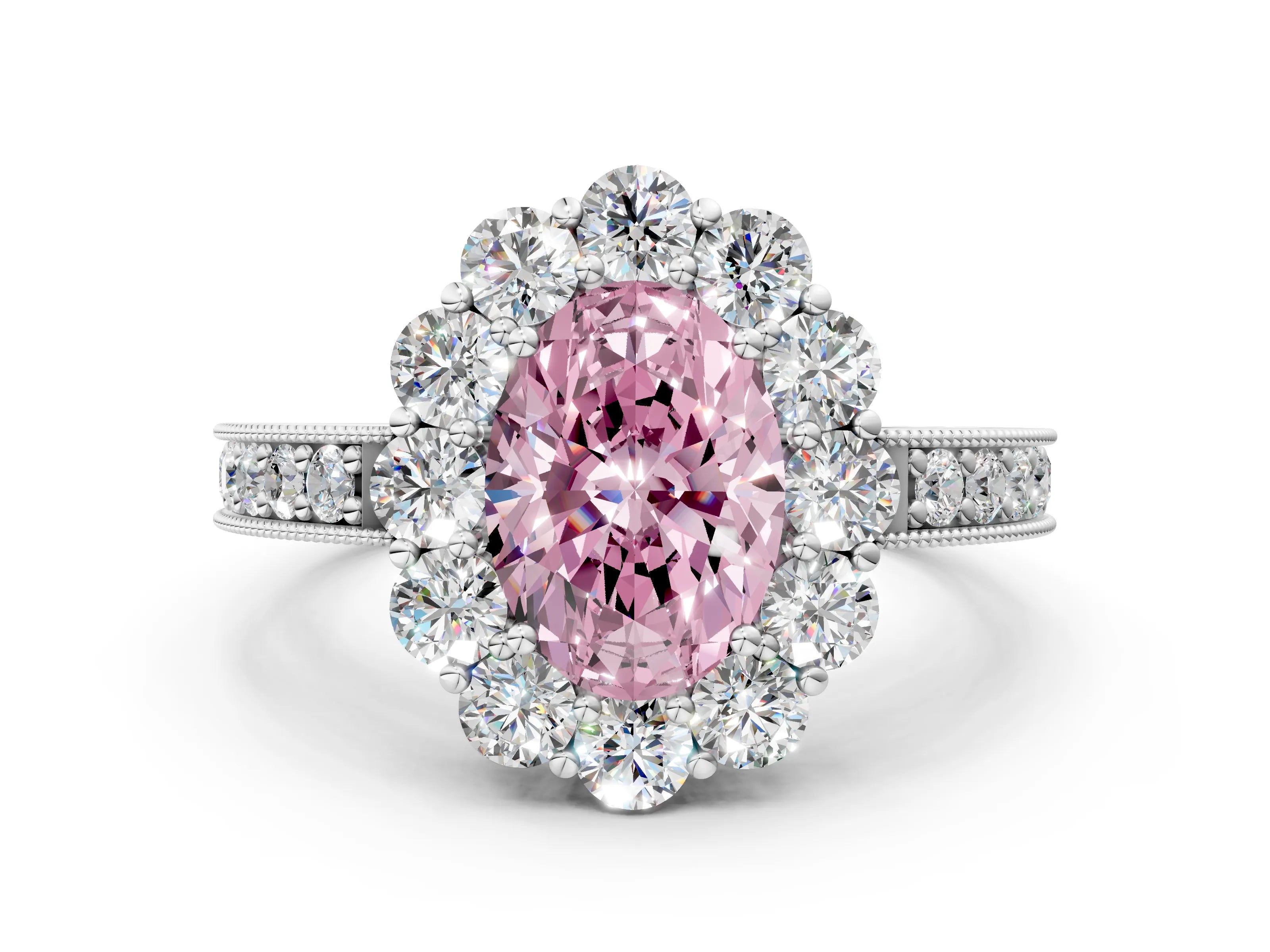 White gold Fancy Pink Oval Cut Cut Halo Diamond Pavé Engagement Ring with Milgrain Detailing