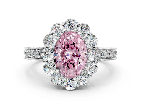 White gold Fancy Pink Oval Cut Cut Halo Diamond Pavé Engagement Ring with Milgrain Detailing