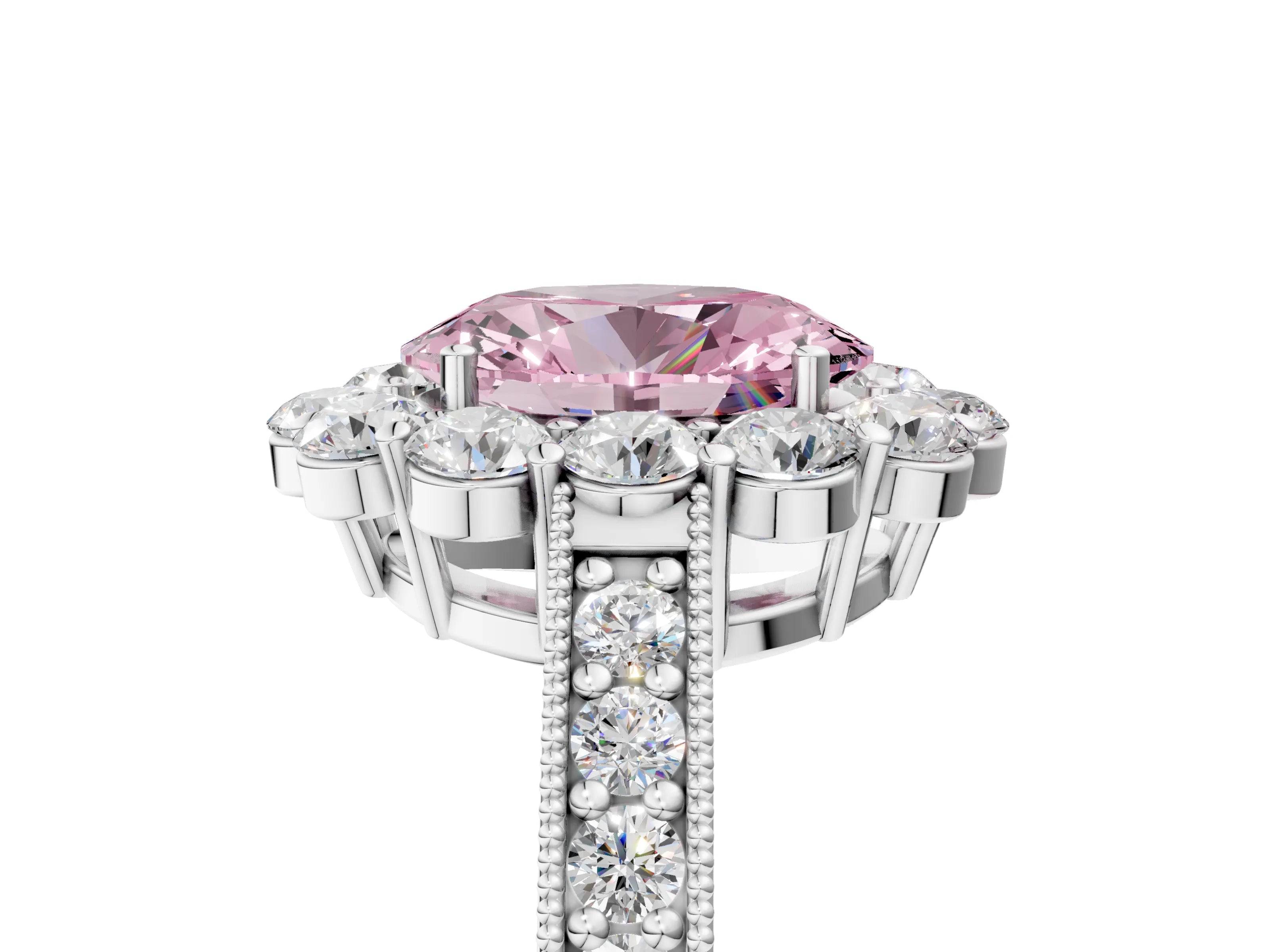 White gold Fancy Pink Oval Cut Cut Halo Diamond Pavé Engagement Ring with Milgrain Detailing_5