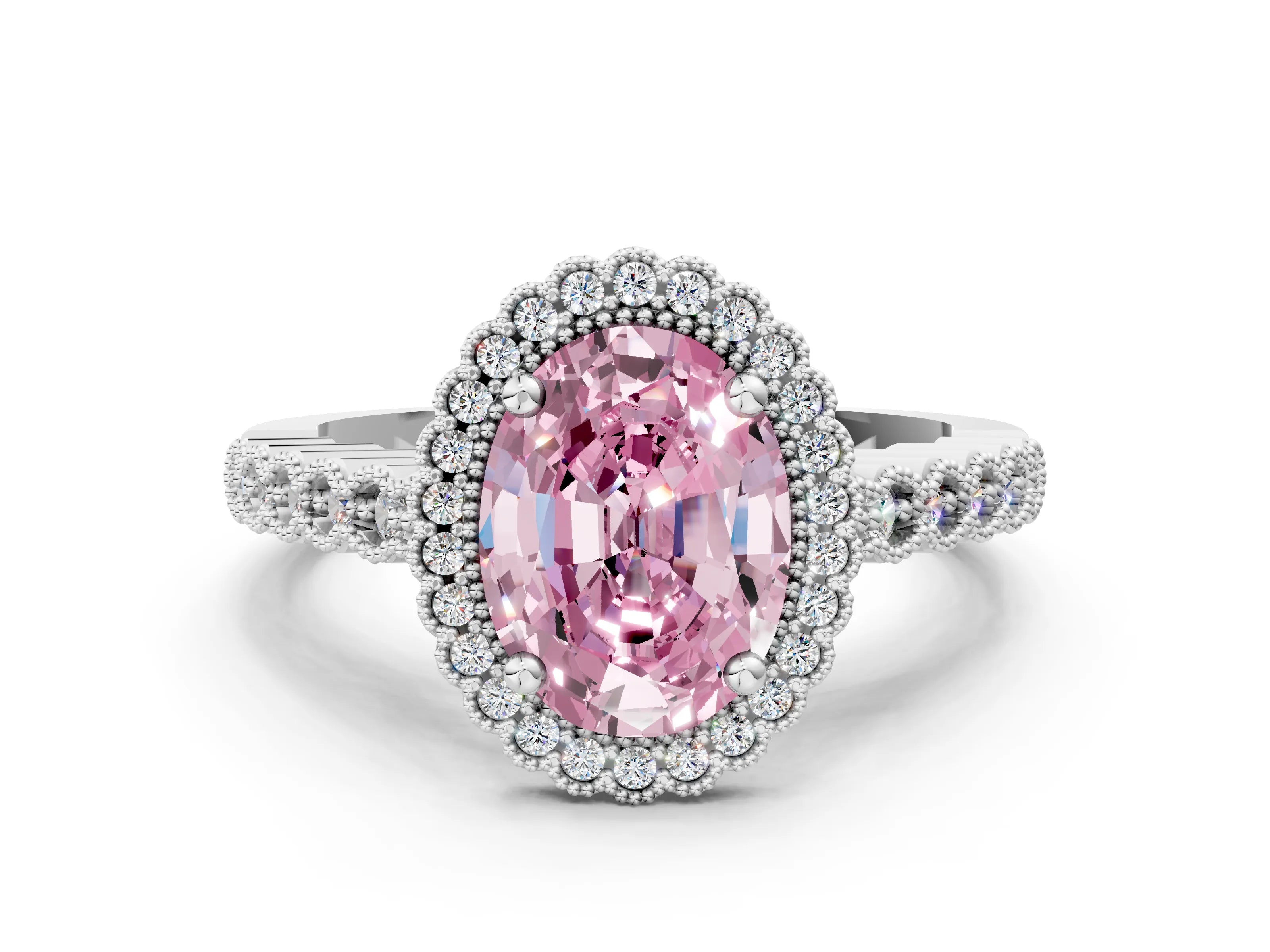 White gold Fancy Pink Oval Cut Cut Halo Pavé Solitaire Ring with Milgrain Band_12
