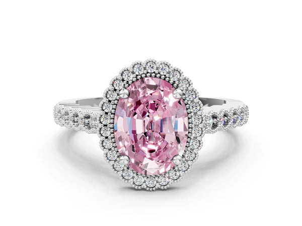 White gold Fancy Pink Oval Cut Cut Halo Pavé Solitaire Ring with Milgrain Band