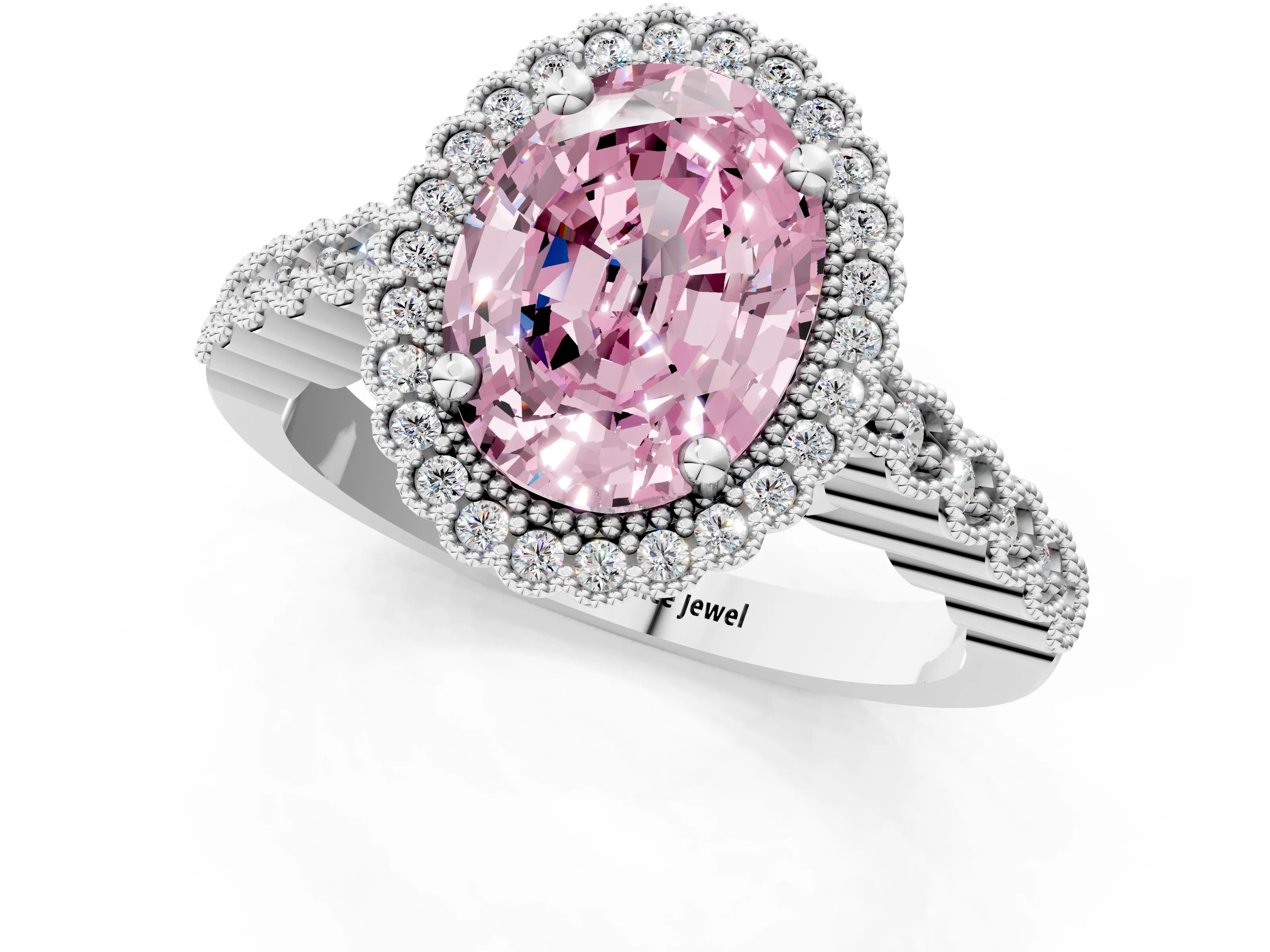 White gold Fancy Pink Oval Cut Cut Halo Pavé Solitaire Ring with Milgrain Band_13