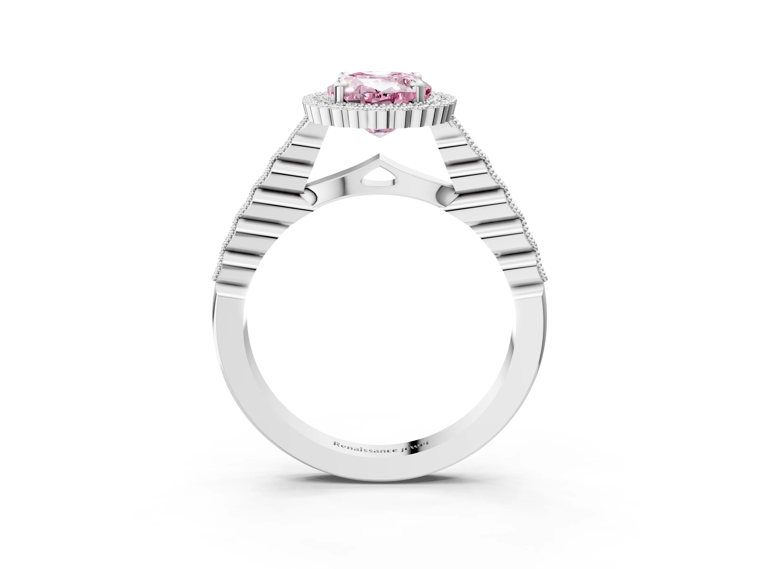 White gold Fancy Pink Oval Cut Cut Halo Pavé Solitaire Ring with Milgrain Band_15