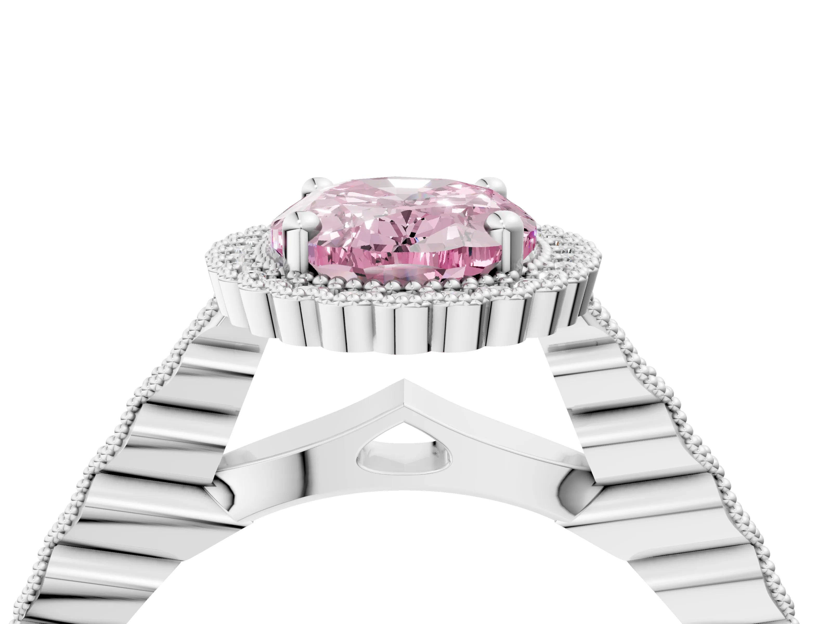 White gold Fancy Pink Oval Cut Cut Halo Pavé Solitaire Ring with Milgrain Band_16