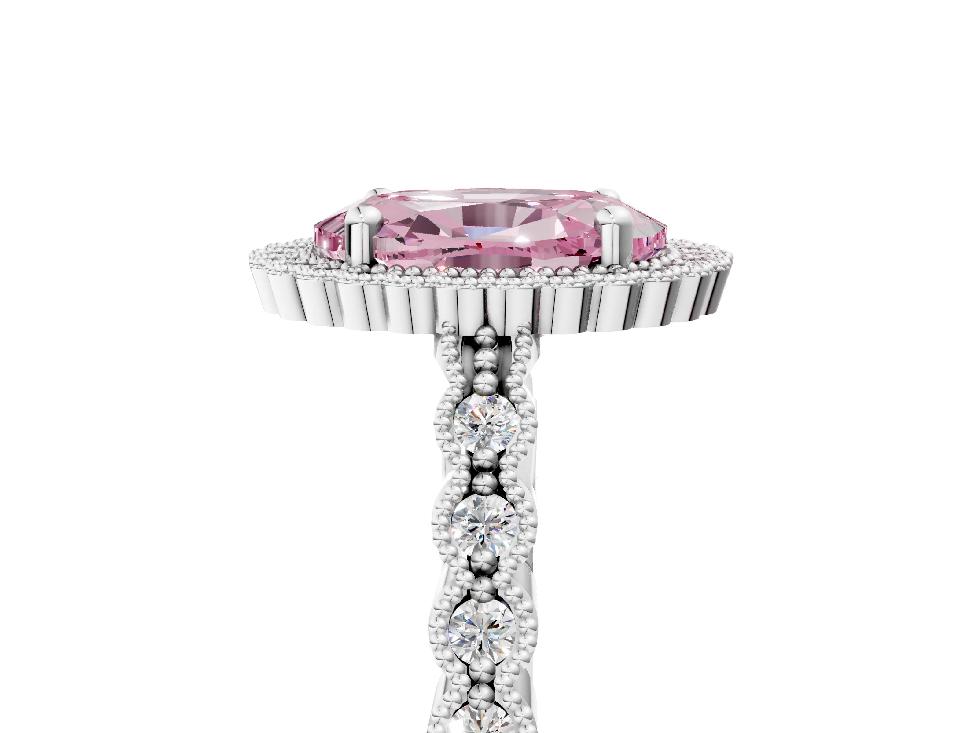White gold Fancy Pink Oval Cut Cut Halo Pavé Solitaire Ring with Milgrain Band_17