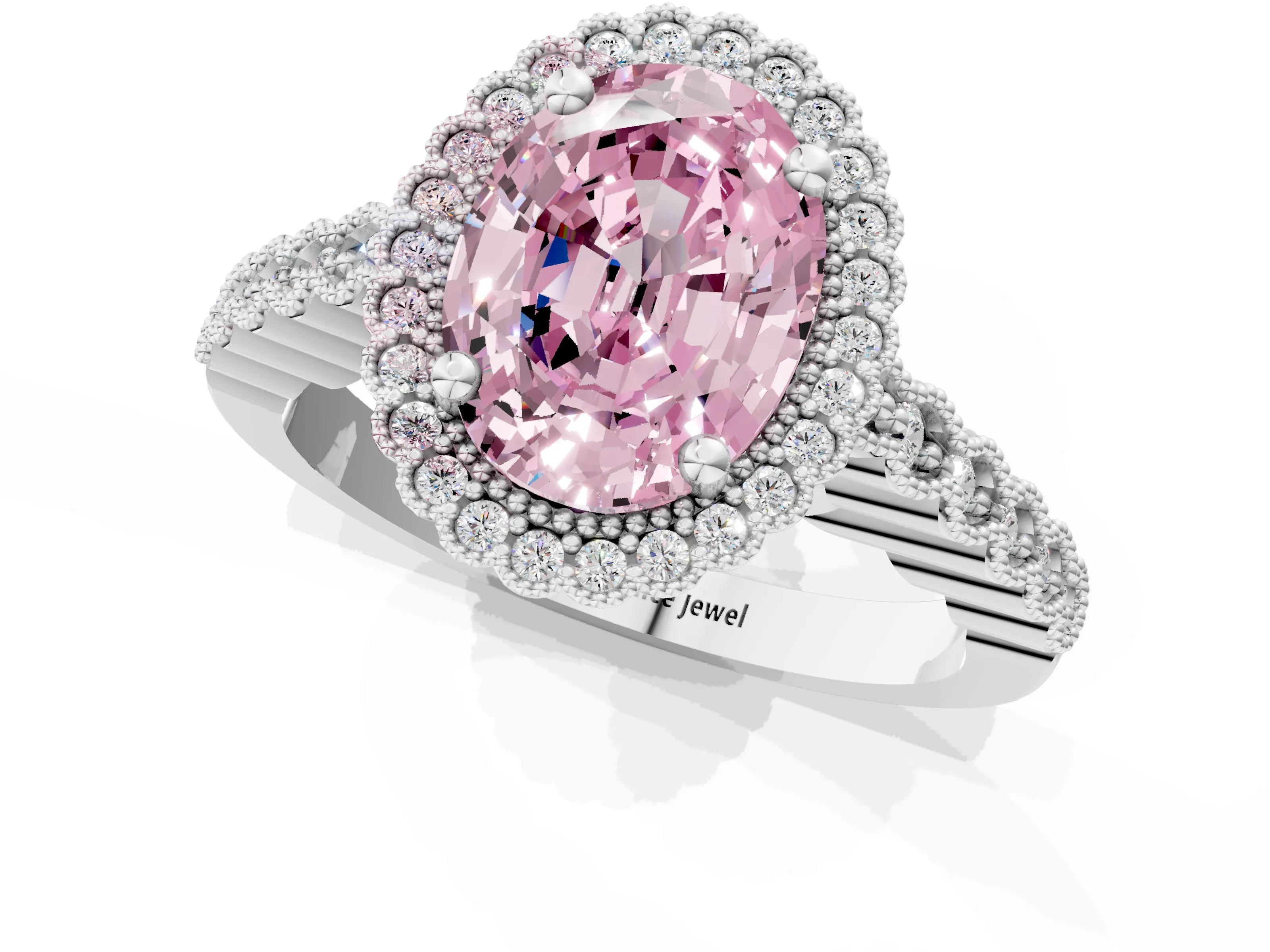 White gold Fancy Pink Oval Cut Cut Halo Pavé Solitaire Ring with Milgrain Band_1