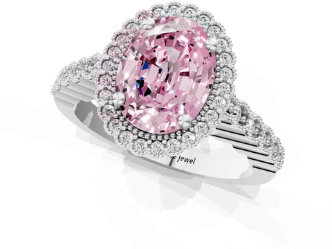 White gold Fancy Pink Oval Cut Cut Halo Pavé Solitaire Ring with Milgrain Band_1