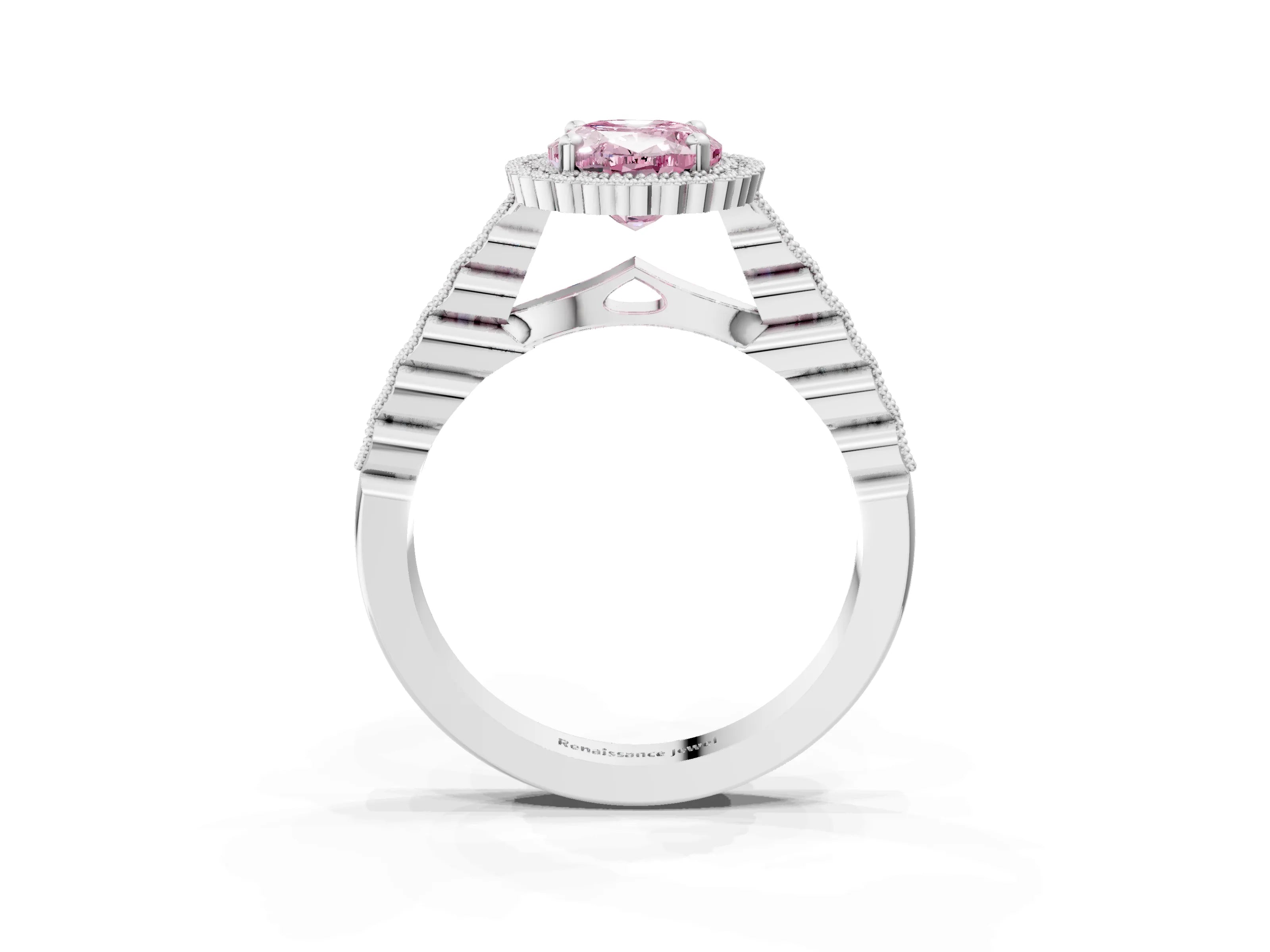 White gold Fancy Pink Oval Cut Cut Halo Pavé Solitaire Ring with Milgrain Band_3