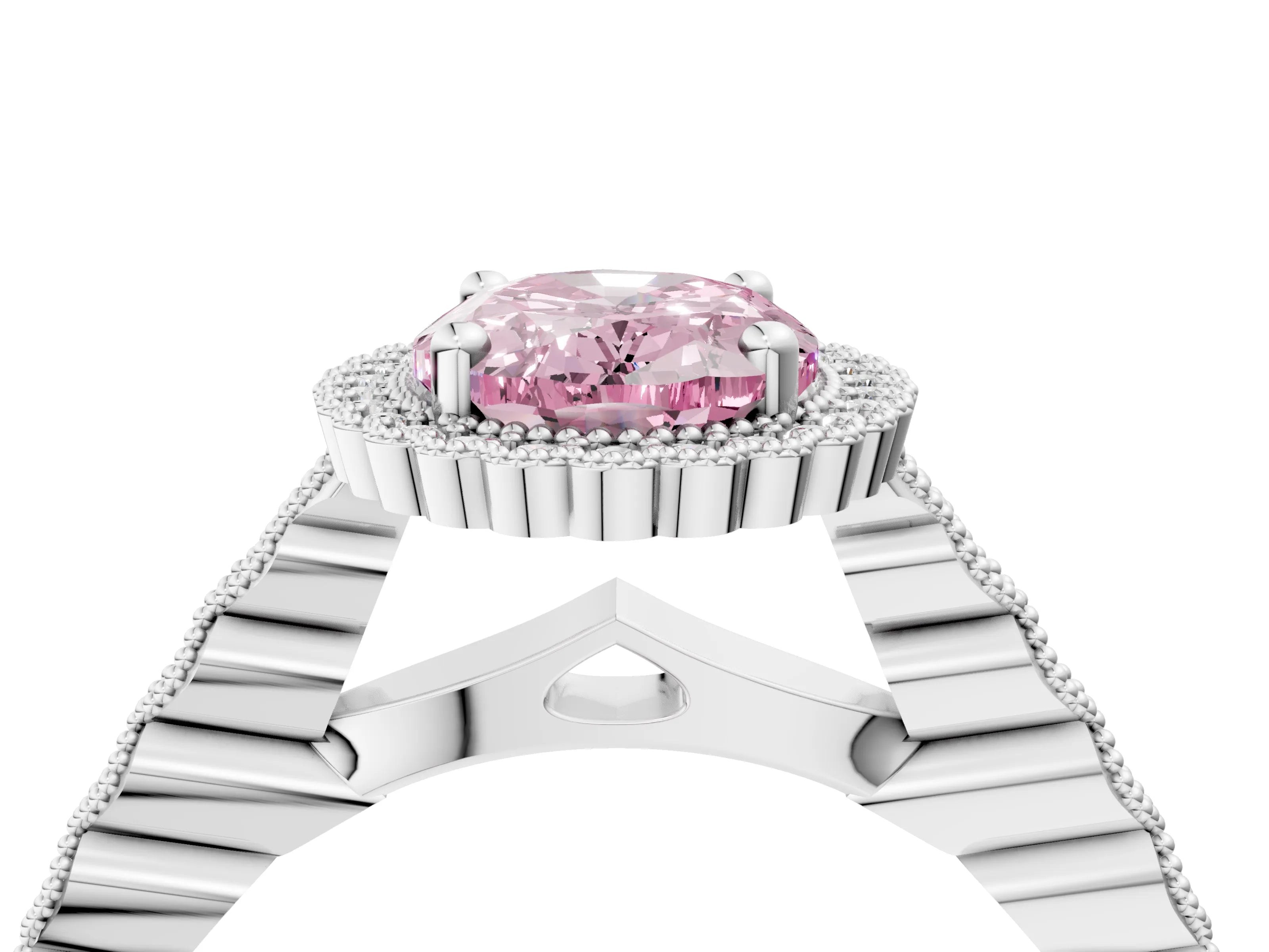 White gold Fancy Pink Oval Cut Cut Halo Pavé Solitaire Ring with Milgrain Band_4