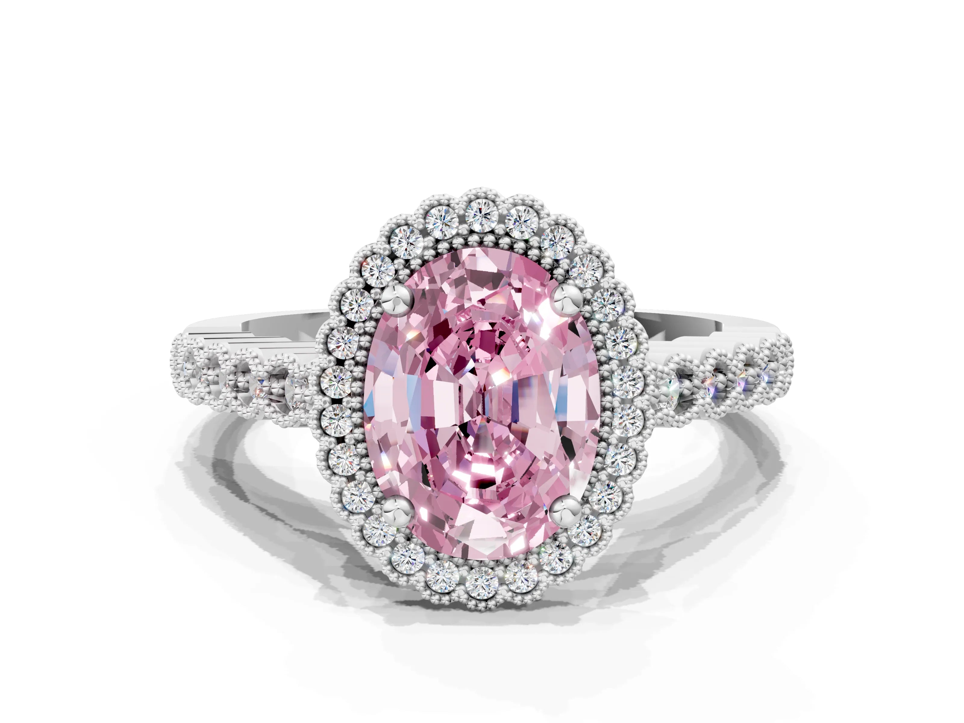White gold Fancy Pink Oval Cut Cut Halo Pavé Solitaire Ring with Milgrain Band