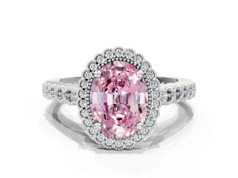White gold Fancy Pink Oval Cut Cut Halo Pavé Solitaire Ring with Milgrain Band