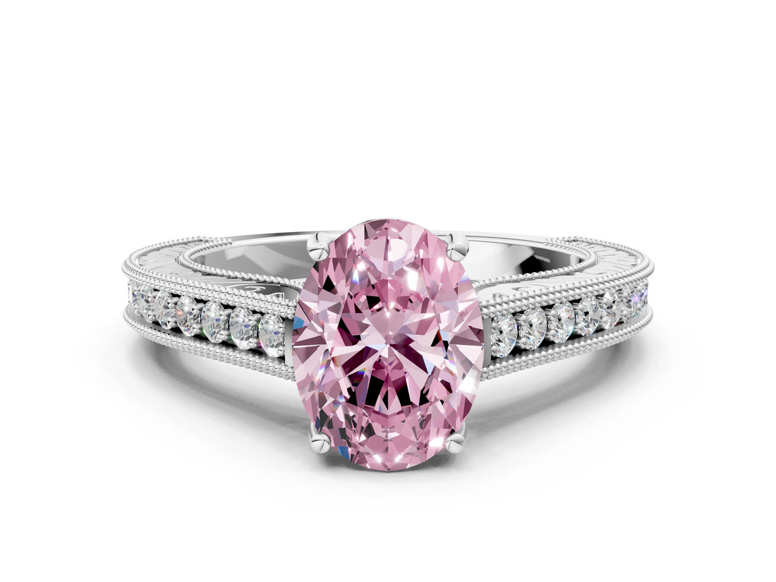 White gold Fancy Pink Oval Cut Cut Pave Band Milgrain Solitaire Ring