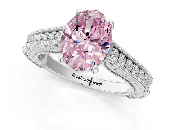 White gold Fancy Pink Oval Cut Cut Pave Band Milgrain Solitaire Ring