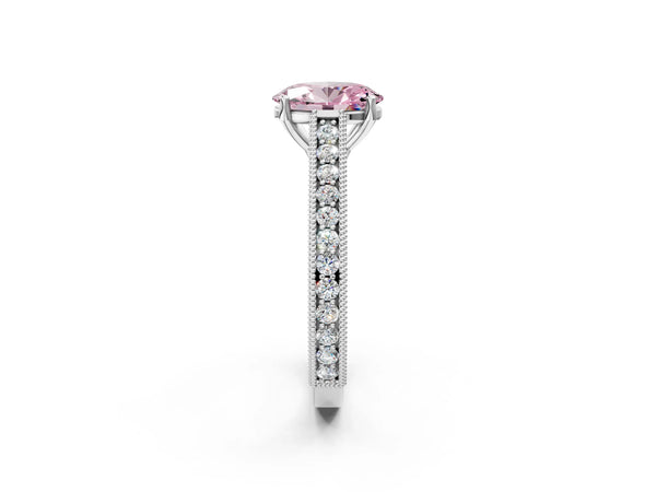 White gold Fancy Pink Oval Cut Cut Pave Band Milgrain Solitaire Ring