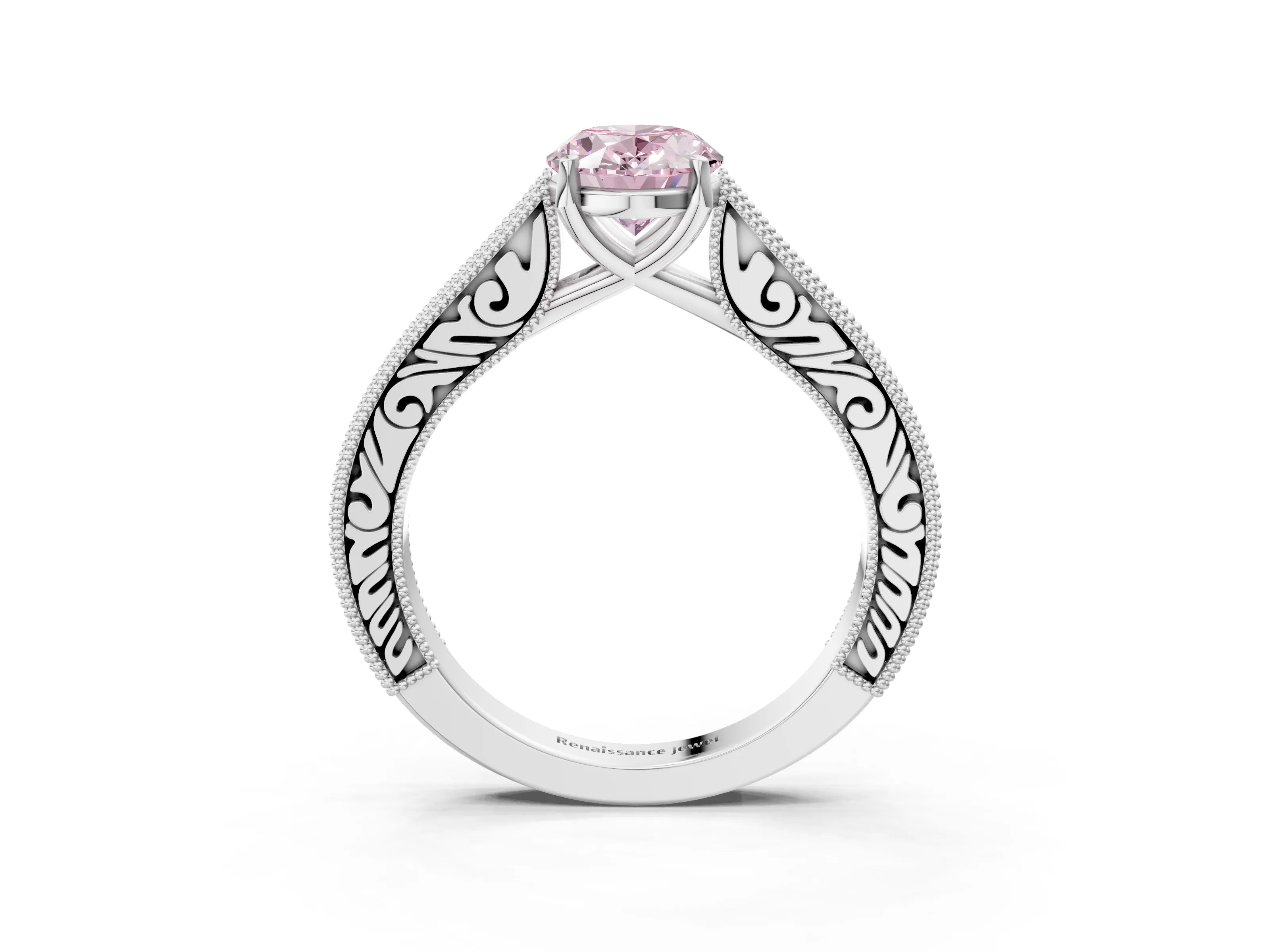 White gold Fancy Pink Oval Cut Cut Pave Band Milgrain Solitaire Ring_3