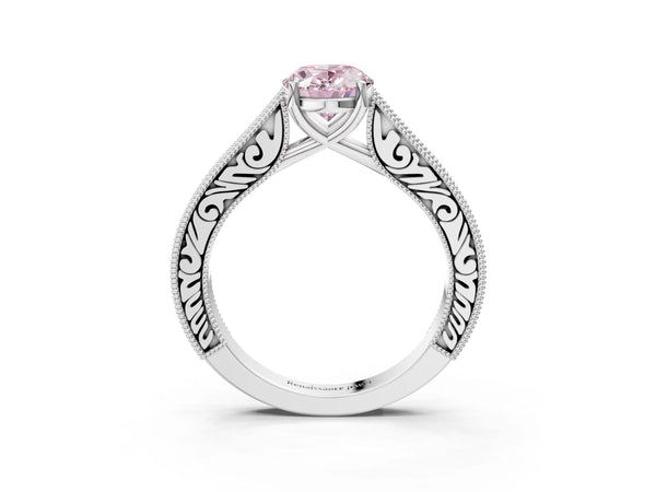 White gold Fancy Pink Oval Cut Cut Pave Band Milgrain Solitaire Ring