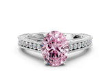 White gold Fancy Pink Oval Cut Cut Pave Band Milgrain Solitaire Ring