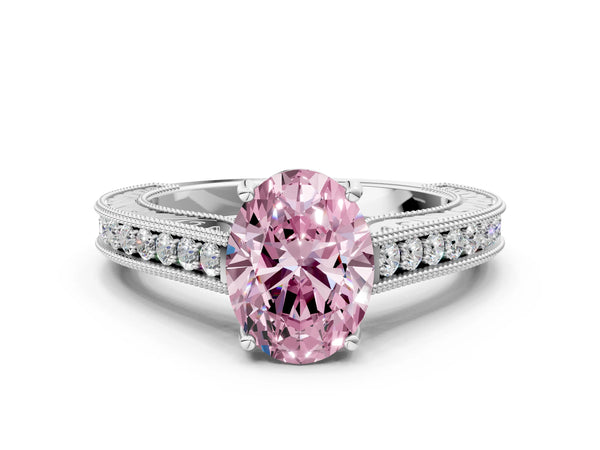 White gold Fancy Pink Oval Cut Cut Pave Band Milgrain Solitaire Ring