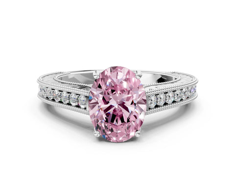 White gold Fancy Pink Oval Cut Cut Pave Band Milgrain Solitaire Ring