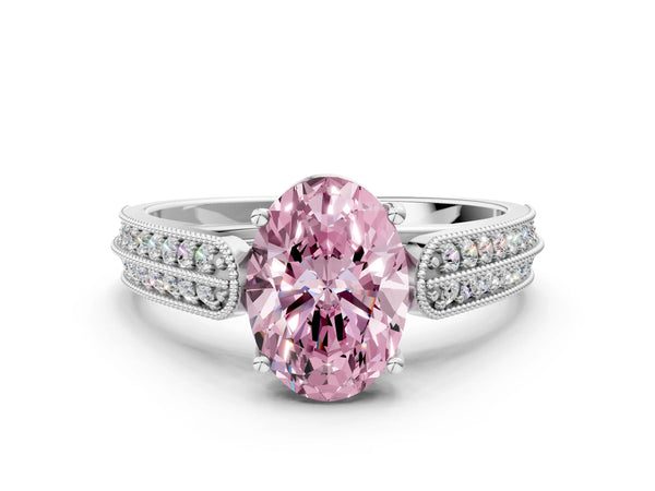 Platinum Fancy Pink Oval Cut Cut Pave Split Shank Engagement Ring with Four-Prong Setting