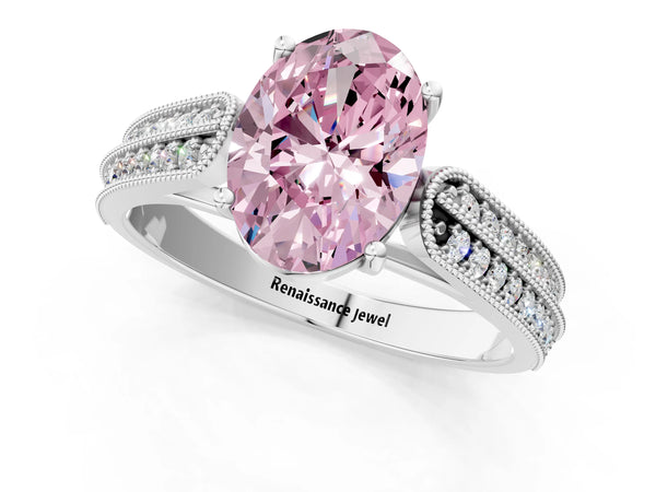 Platinum Fancy Pink Oval Cut Cut Pave Split Shank Engagement Ring with Four-Prong Setting
