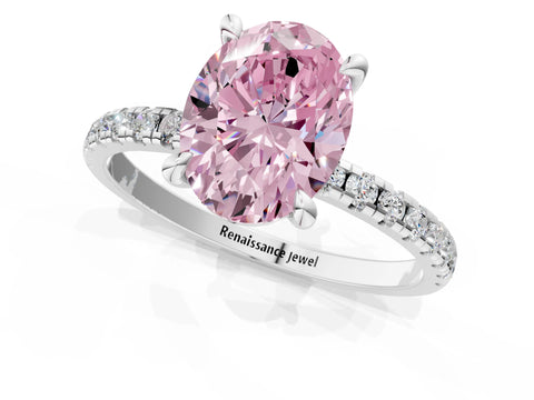 White gold Fancy Pink Oval Cut Diamond Brilliant Solitaire Ring with Pavé Band and Four-Prong Setting_1