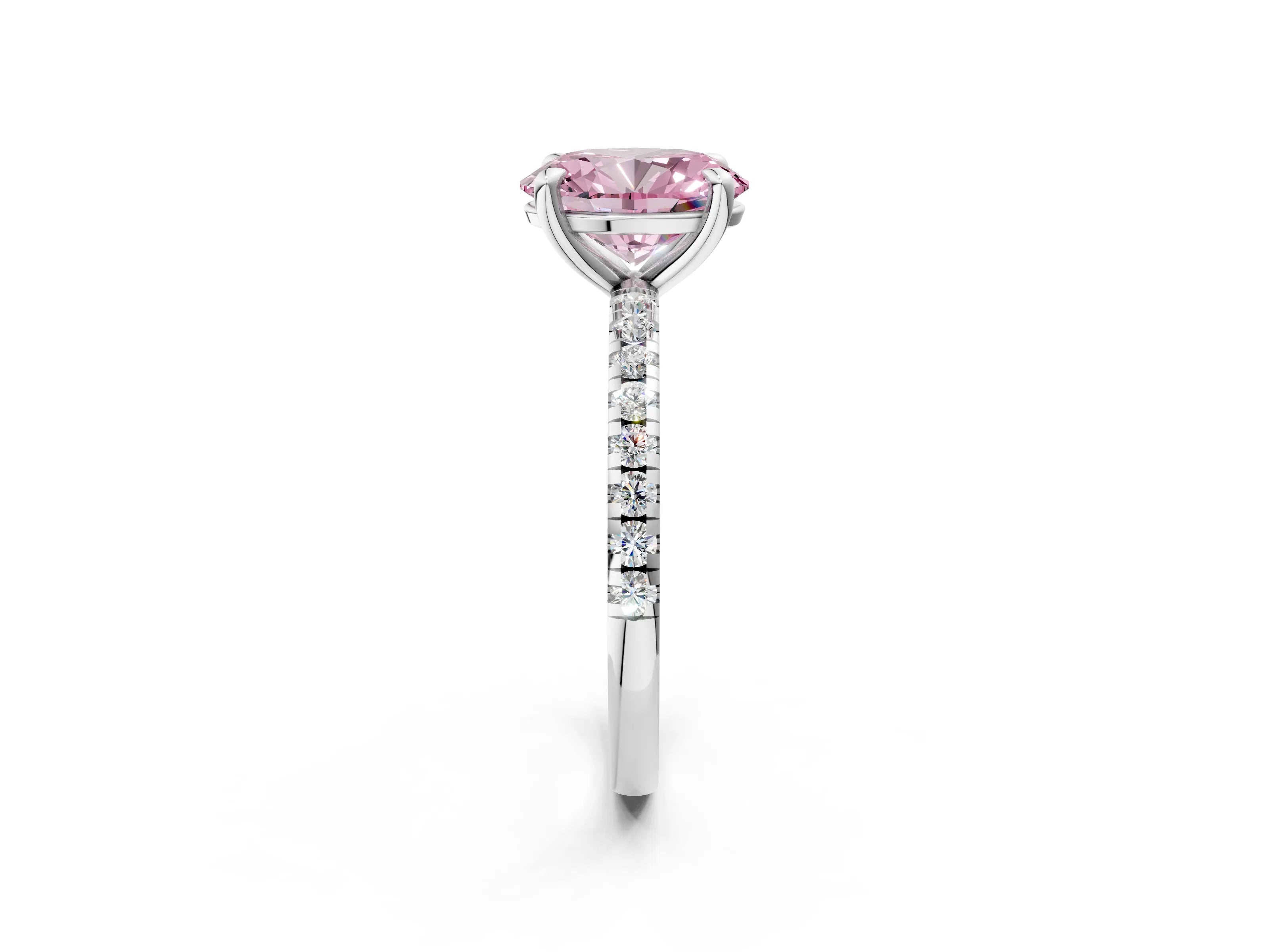 White gold Fancy Pink Oval Cut Diamond Brilliant Solitaire Ring with Pavé Band and Four-Prong Setting_2