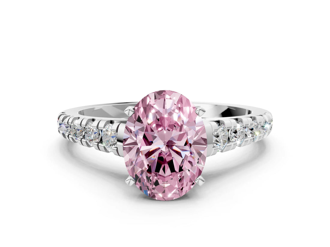 White gold Fancy Pink Oval Cut Diamond Cathedral Solitaire Ring with Round  Pavé Band_246