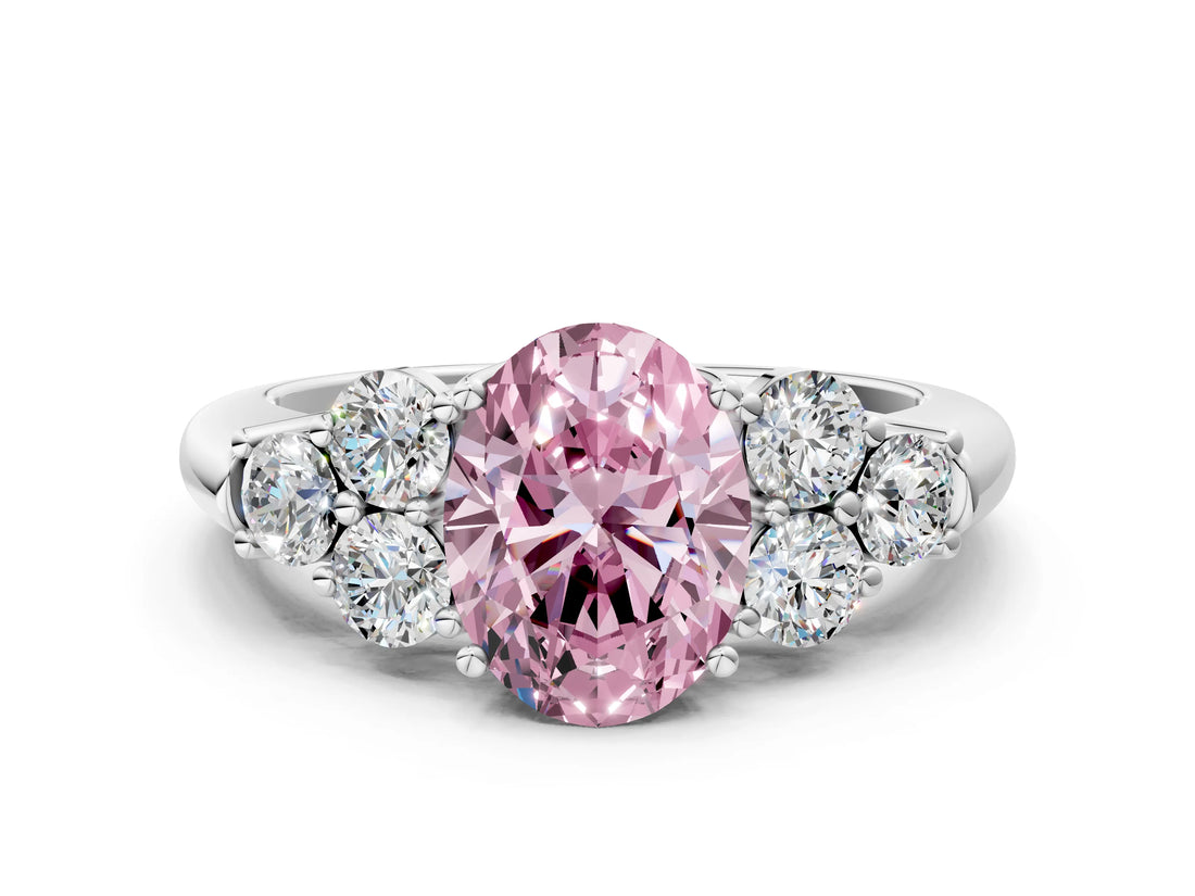 White gold Fancy Pink Oval  Cut Diamond Cluster Ring with Round Accent Stones and Prong Setting on a Classic Band_49