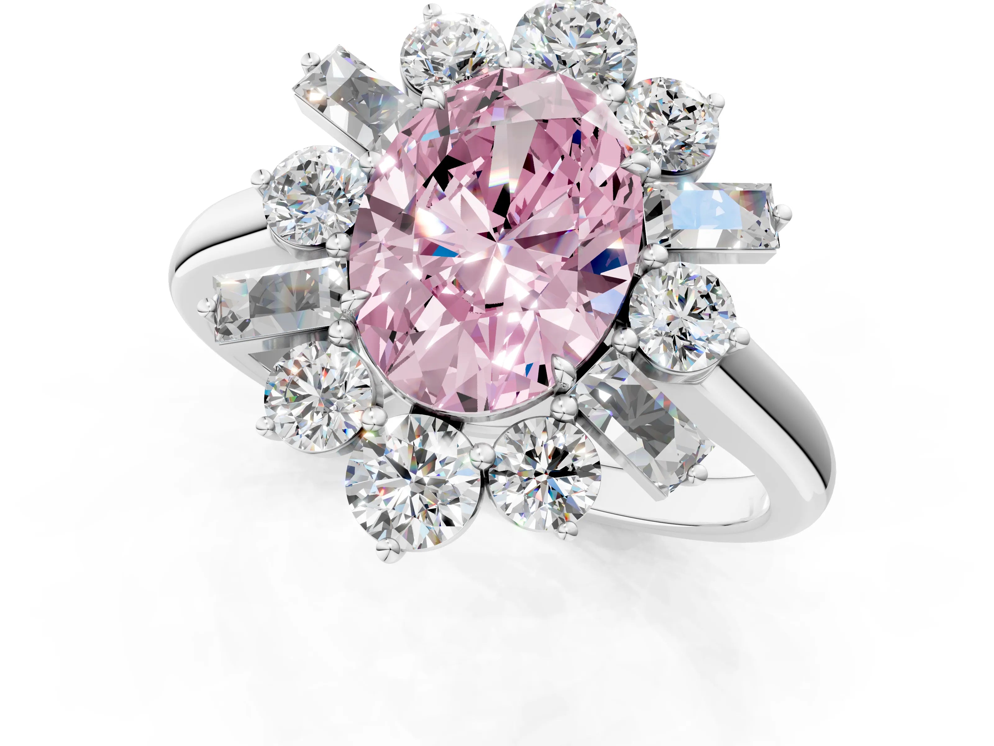 White gold Fancy Pink Oval Cut Diamond Cluster Ring with Round and Baguette Stones, Split Shank Band, Prong Setting_1