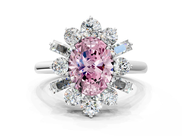 Platinum Fancy Pink Oval Cut Diamond Cluster Ring with Round and Baguette Stones, Split Shank Band, Prong Setting
