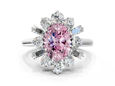White gold Fancy Pink Oval Cut Diamond Cluster Ring with Round and Baguette Stones, Split Shank Band, Prong Setting_12