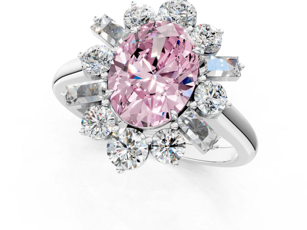 Platinum Fancy Pink Oval Cut Diamond Cluster Ring with Round and Baguette Stones, Split Shank Band, Prong Setting