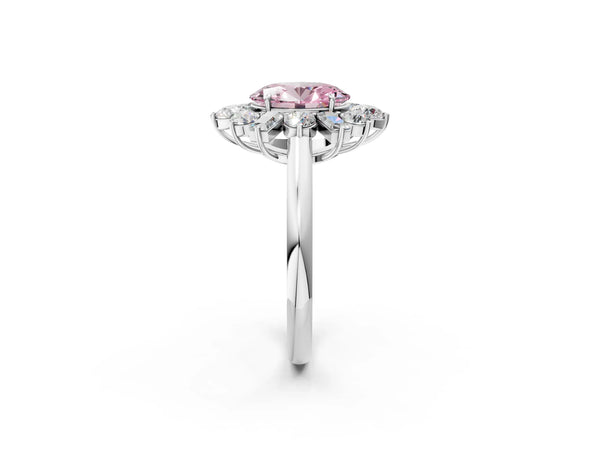 Platinum Fancy Pink Oval Cut Diamond Cluster Ring with Round and Baguette Stones, Split Shank Band, Prong Setting
