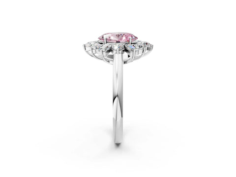 White gold Fancy Pink Oval Cut Diamond Cluster Ring with Round and Baguette Stones, Split Shank Band, Prong Setting_14