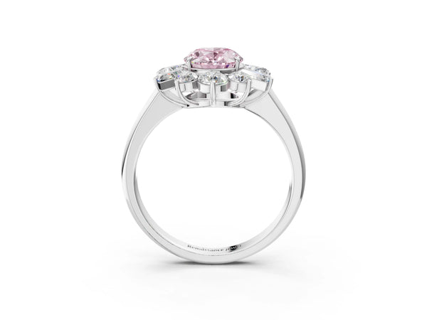 Platinum Fancy Pink Oval Cut Diamond Cluster Ring with Round and Baguette Stones, Split Shank Band, Prong Setting