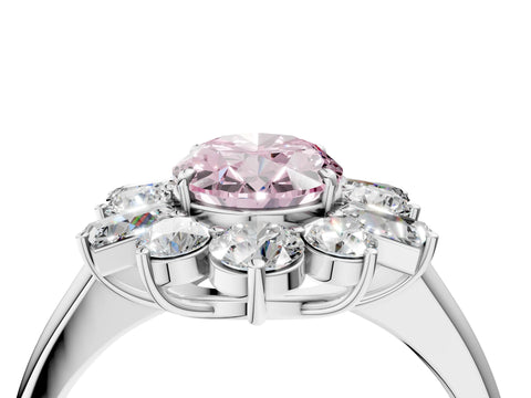White gold Fancy Pink Oval Cut Diamond Cluster Ring with Round and Baguette Stones, Split Shank Band, Prong Setting_16