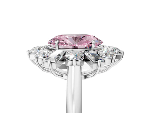 White gold Fancy Pink Oval Cut Diamond Cluster Ring with Round and Baguette Stones, Split Shank Band, Prong Setting_17