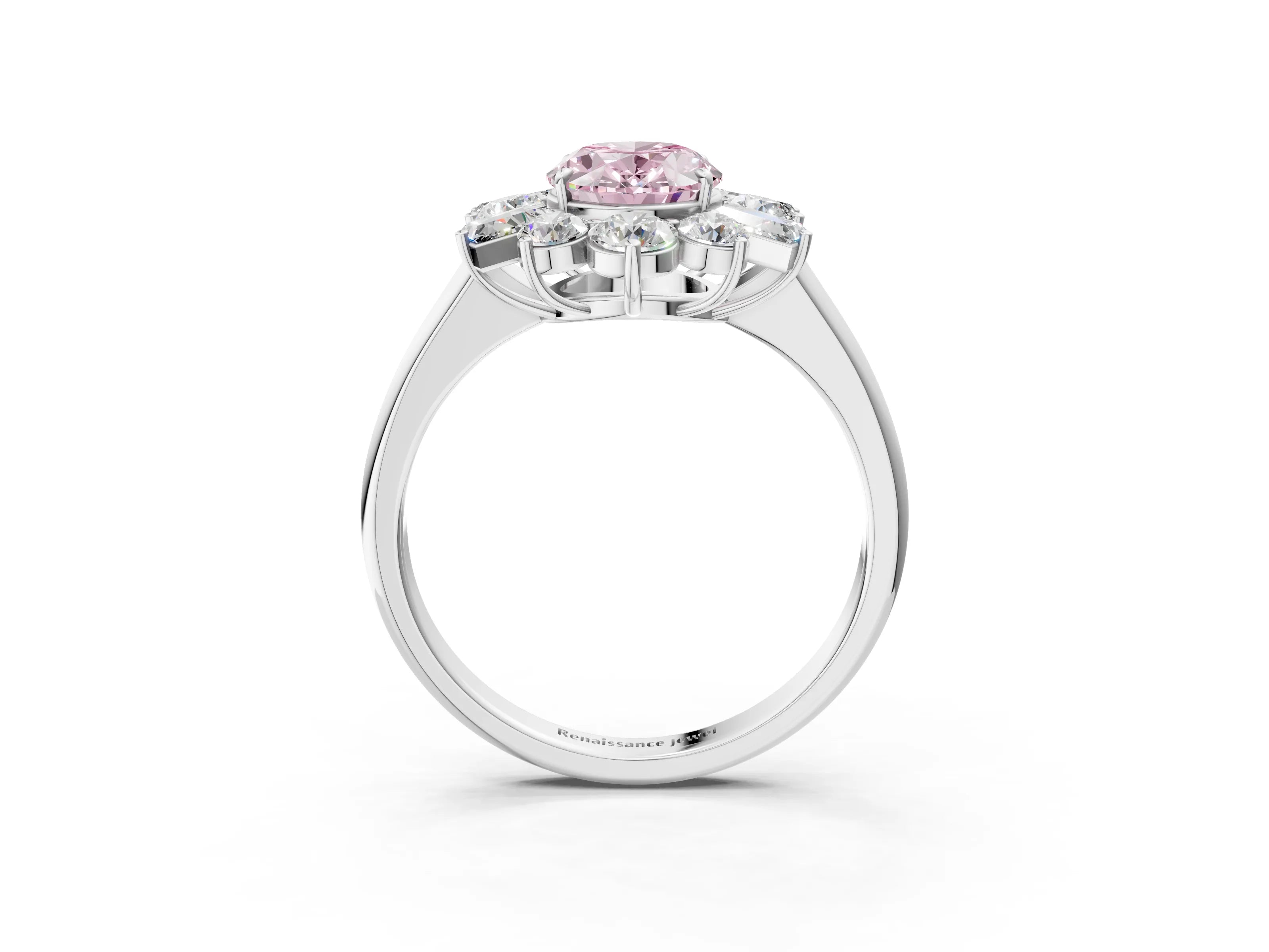 White gold Fancy Pink Oval Cut Diamond Cluster Ring with Round and Baguette Stones, Split Shank Band, Prong Setting_3