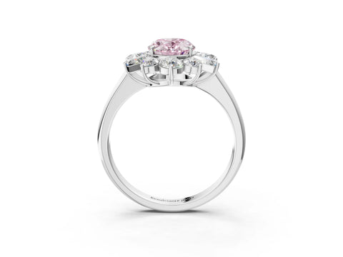 White gold Fancy Pink Oval Cut Diamond Cluster Ring with Round and Baguette Stones, Split Shank Band, Prong Setting_3